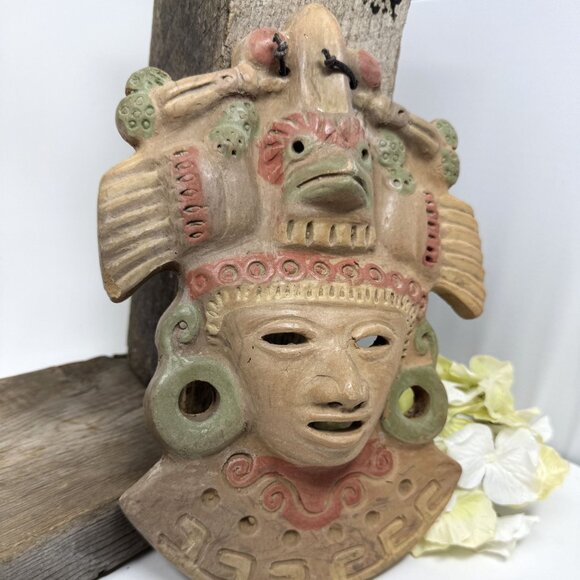 Vintage Handcrafted Terracotta Mayan Mask Wall Art With Intricate Details - Picture 3 of 5